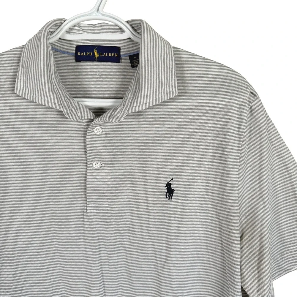 Ralph Lauren Polo Shirt Mens M Grey White Striped Short Sleeve Pony Logo read